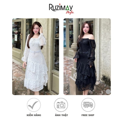 Đầm maxi chấm bi voan đai eo R1100