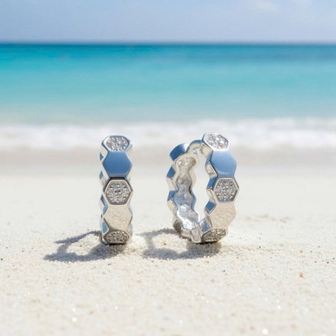 Khuyên tai bạc 925 dạng khoen thiết kế tổ ong đính đá Luna Jewelry