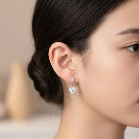 Khuyên tai bạc 925 Luna Jewelry dạng khoen hình trái tim Đá Mossanite 5.7mm