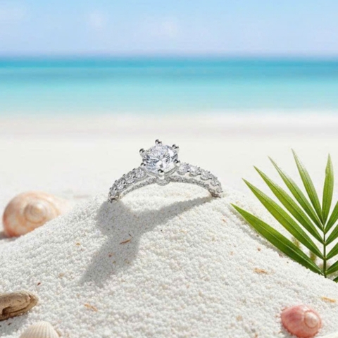 Nhẫn bạc 925 đính Đá Moissanite 5.5mm thiết kế viền tinh xảo Luna Jewelry
