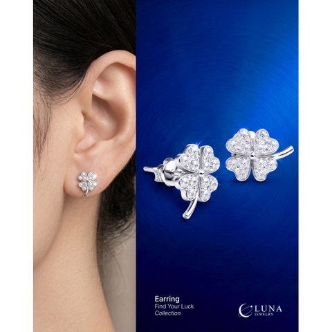 Khuyên tai bạc 925 Luna Jewelry dạng chuôi hình cỏ 4 lá nạm đá