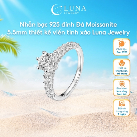 Nhẫn bạc 925 đính Đá Moissanite 5.5mm thiết kế viền tinh xảo Luna Jewelry