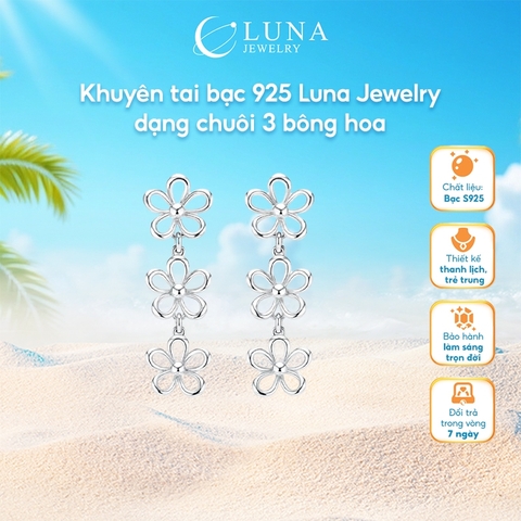 Khuyên tai bạc 925 Luna Jewelry dạng chuôi 3 bông hoa