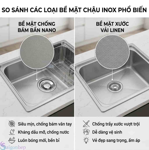 Các Loại Bề Mặt Chậu Rửa Chén Inox Phổ Biến Tại Việt Nam. So Sánh Chi Tiết