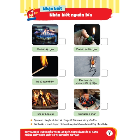 Bộ tranh cô hướng dẫn trẻ nhận biết, thực hành các kĩ năng phòng cháy chữa cháy và thoát hiểm an toàn