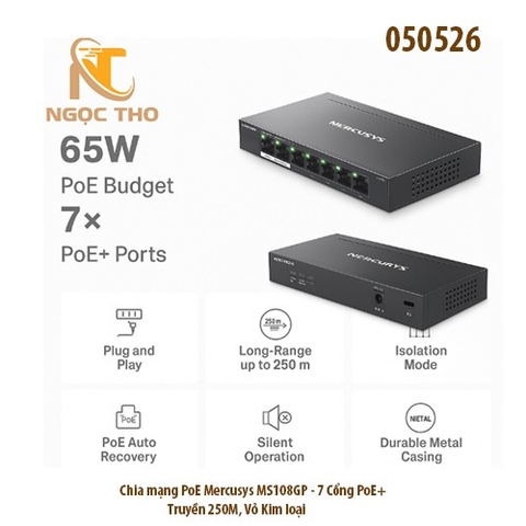 Switch PoE Mercusys MS108GP – Chia mạng Poe 7 cổng PoE+ | 1 cổng uplink | Gigabit | Truyền 250m (Extend) | Vỏ kim loại
