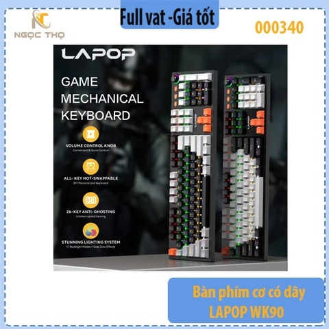 Bàn phím cơ có dây LAPOP WK90 – 104 phím, Brown Switch, 17 hiệu ứng RGB, Nút xoay âm lượng – Chính hãng – Full VAT
