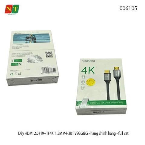 Dây HDMI 2.0 (19+1) 4K 1.5M V-H301 Veggieg – Truyền Tín Hiệu Siêu Nét – Hàng Chính Hãng – Full VAT