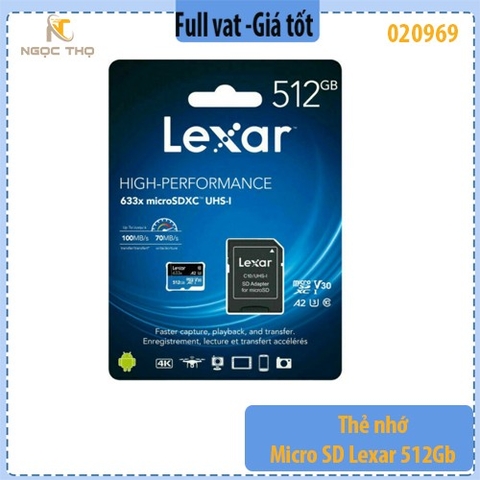 Thẻ nhớ Lexar microSDXC 512GB 633x (LSDMI512BB633A) – UHS-I U3 A2 – 100MB/s – Hàng chính hãng – Full VAT