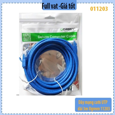 Dây mạng cat6 UTP, màu xanh dương, dài 3m Ugreen 11203 - chính hãng - full vat