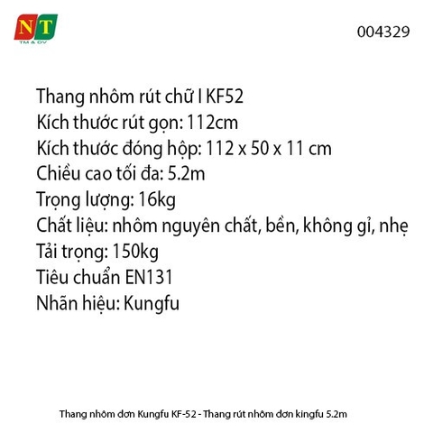 Thang nhôm đơn Kungfu KF-52 - Thang rút nhôm đơn kingfu 5.2m