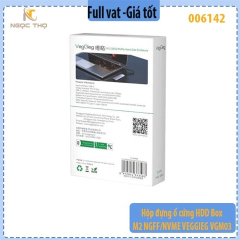 Hộp đựng SSD M.2 NGFF/NVMe VEGGIEG VGM03 – USB 3.1 Gen 2 10Gbps – Vỏ nhôm tản nhiệt – Chính hãng – Full VAT