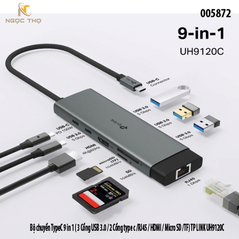 Bộ chuyển đổi USB-C 9 in 1 TP-Link UH9120C – Hub đa năng (HDMI 4K@60Hz / RJ45 / 3 USB 3.0 / 2 Type-C / SD / TF)