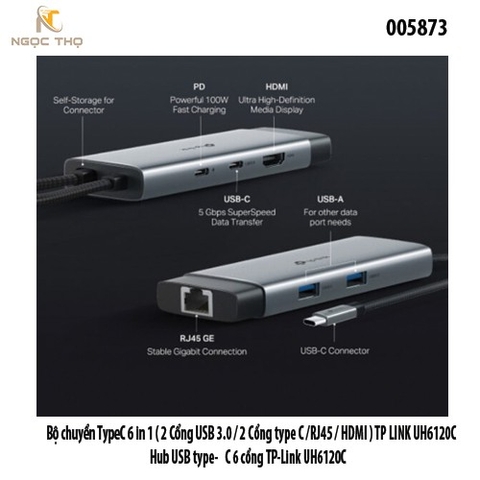 Bộ chuyển USB-C 6-in-1 TP-Link UH6120C – 4K@60Hz • RJ45 Gigabit • USB 3.0 • PD 100W - Chính hãng – Full VAT