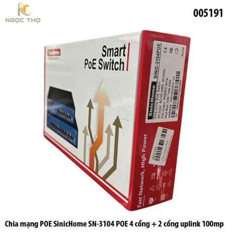 Chia mạng PoE SinicHome SN‑3104POE – 4 PoE 10/100 + 2 uplink 10/100 – Extend 250m – Chính hãng – Full VAT