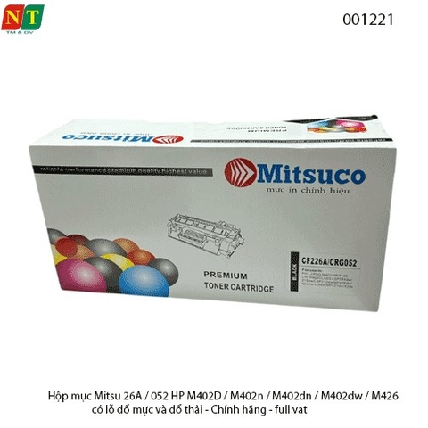 Hộp mực Mitsuco CF226A / CRG-052 – Chính hiệu – Dùng cho HP M402/M426 & Canon LBP 214dw – Có lỗ đổ mực - Full VAT