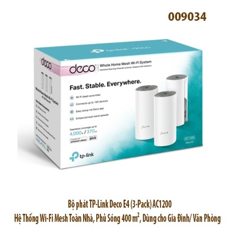 Bộ phát TP‑Link Deco E4 (3‑Pack) AC1200 – Hệ Thống Wi‑Fi Mesh Toàn Nhà, Phủ Sóng 400 m², Dùng cho Gia Đình/ Văn Phòng