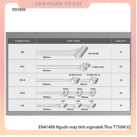 Nguồn máy tính xigmatek EN41488  Thor T750M V2 (750W, Modular, 80Plus Bronze) dây cắm rời - Chính hãng