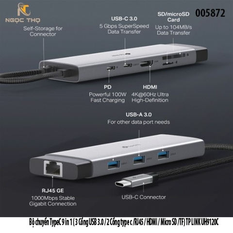 Bộ chuyển đổi USB-C 9 in 1 TP-Link UH9120C – Hub đa năng (HDMI 4K@60Hz / RJ45 / 3 USB 3.0 / 2 Type-C / SD / TF)