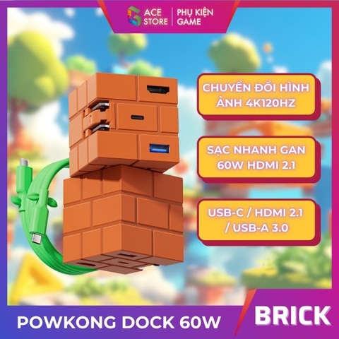 Powkong Dock Charger 60W Brick – Dock Chuyển Đổi Hình Ảnh 4K120Hz | Sạc Nhanh GaN 60W | HDMI 2.1 | Hub USB-C 3 Trong 1