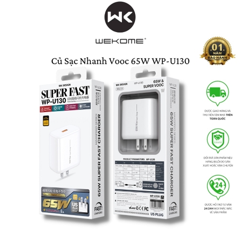 WEKOME WP-U130 Củ Sạc Siêu Nhanh Vooc 65W Dùng Cho Các Dòng Điện Thoại, Bền BỈ, Chống Cháy Nổ