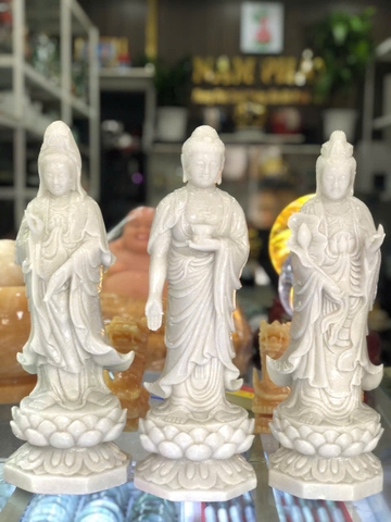 TAM THẾ PHẬT ĐÁ TRẮNG 40cm