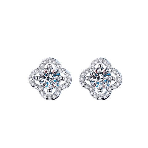 Lucky Clover Stud Earrings | Khuyên Tai Moissanite 2 Carat Round Cut | Sterling Silver 925 | Kèm Giấy Kiểm Định GRA
