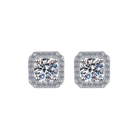 Square Halo Stud Earrings | Khuyên Tai Moissanite 2 Carat Round Cut | Sterling Silver 925 | Kèm Giấy Kiểm Định GRA