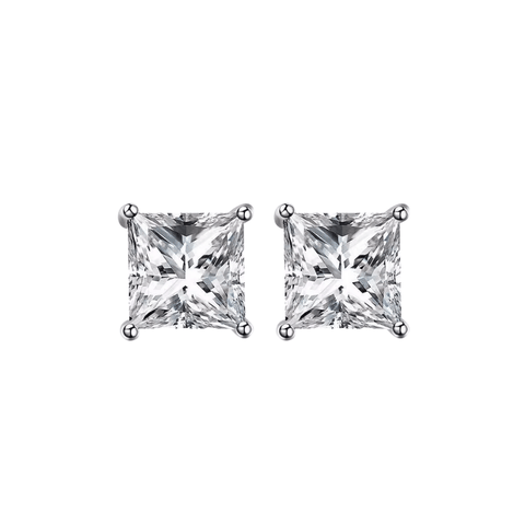 Princess Solitaire Stud Earrings | Khuyên Tai Moissanite 2 Carat Princess Cut | Sterling Silver 925 | Kèm Giấy Kiểm Định GRA