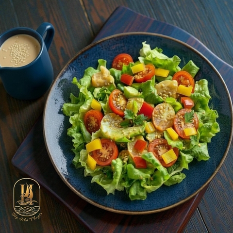 Salad Rau Xanh Sốt Mè Rang (Green Salad With Roasted Sesame Dressing)