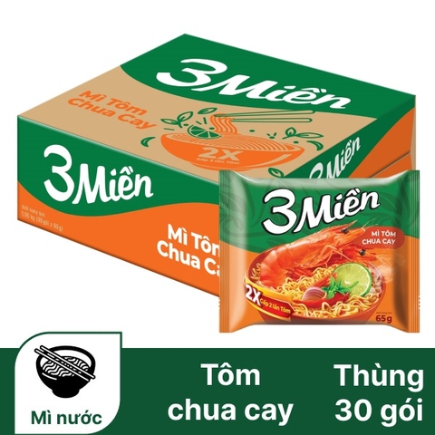 MÌ 3 MIỀN TÔM CHUA CAY 65G (THÙNG 30 GÓI) – MÌ ĂN LIỀN