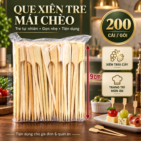QUE XIÊN TRE MÁI CHÈO 9CM 200 CÂY - XIÊN CỜ TRÁI CÂY, TRANG TRÍ MÓN ĂN