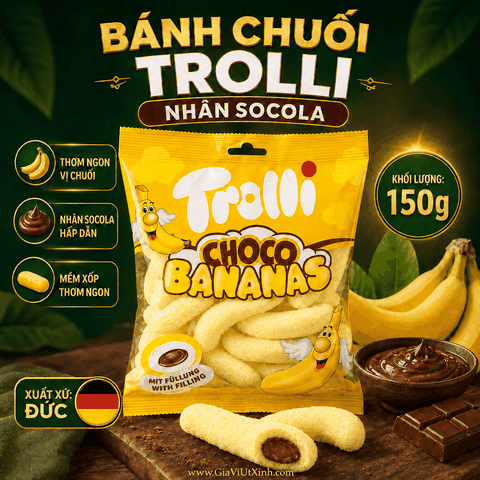 BÁNH TROLLI CHOCO BANANAS 150G – BÁNH CHUỐI NHÂN SOCOLA NHẬP KHẨU ĐỨC