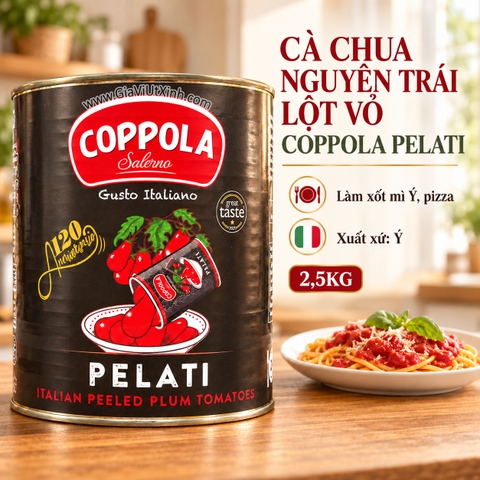 CÀ CHUA NGUYÊN TRÁI LỘT VỎ COPPOLA PELATI 2.5KG – ITALIAN PEELED PLUM TOMATOES