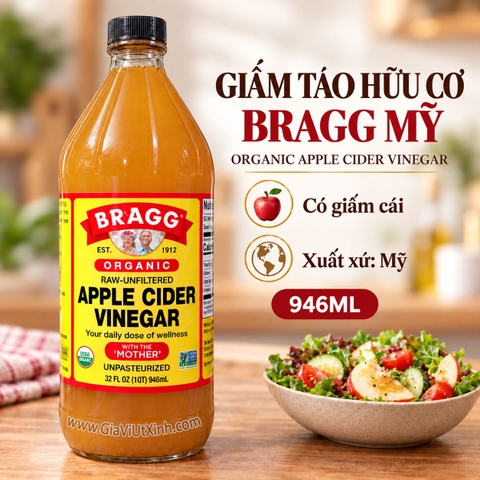 GIẤM TÁO HỮU CƠ BRAGG MỸ 946ML – ORGANIC APPLE CIDER VINEGAR (CÓ DẤM CÁI)