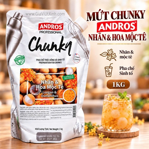 MỨT CHUNKY NHÃN & HOA MỘC TÊ ANDROS 1KG – LONGAN & OSMANTHUS (CÓ MIẾNG TRÁI CÂY)