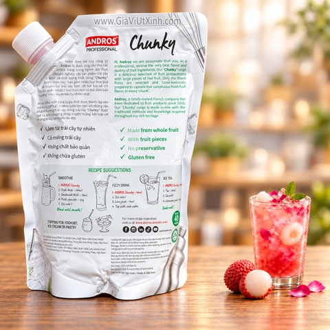MỨT CHUNKY VẢI & HOA HỒNG ANDROS 1KG – LYCHEE & ROSE (CÓ MIẾNG TRÁI CÂY)