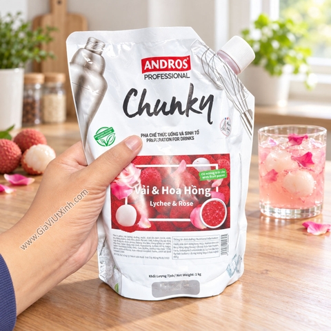 MỨT CHUNKY VẢI & HOA HỒNG ANDROS 1KG – LYCHEE & ROSE (CÓ MIẾNG TRÁI CÂY)
