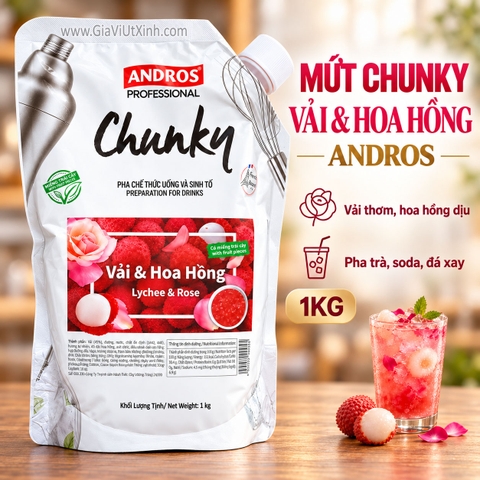 MỨT CHUNKY VẢI & HOA HỒNG ANDROS 1KG – LYCHEE & ROSE (CÓ MIẾNG TRÁI CÂY)