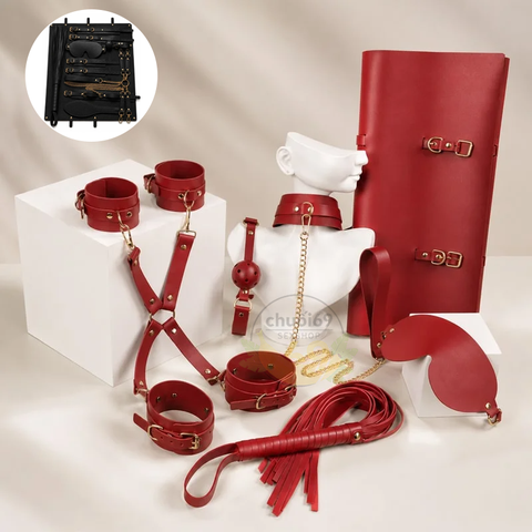 Bộ Bạo Dâm BDSM 8 Món Kèm Túi Da Luxury Màu Đen & Đỏ (Chất Liệu Da PU Cao Cấp, Phụ Kiện Kim Loại Chống Gỉ)