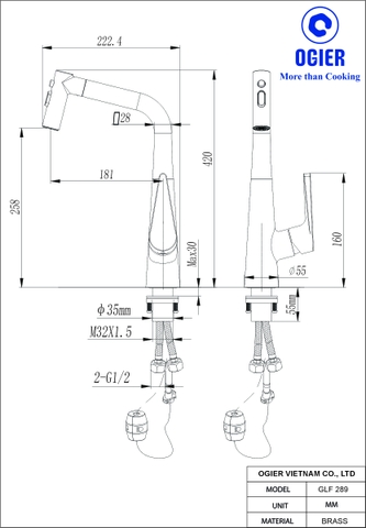 Vòi rửa bát dây rút 2 đường nóng lạnh. GLF 289
