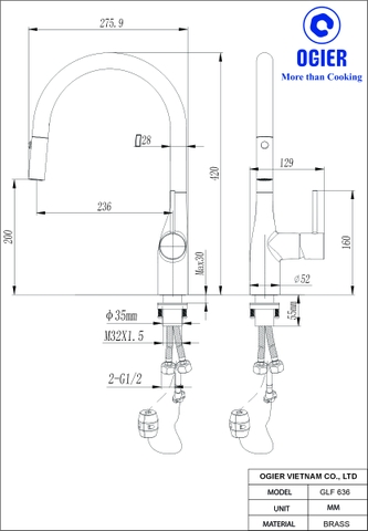 Vòi rửa bát dây rút 2 đường nóng lạnh. GLF 636