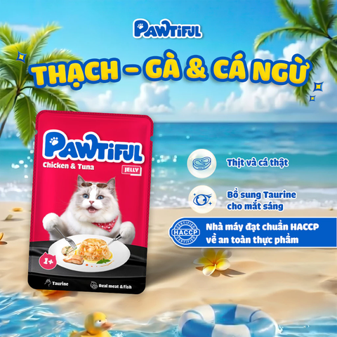 Thức ăn cho mèo Pawtiful dạng Thạch vị Gà & Cá ngừ 70G
