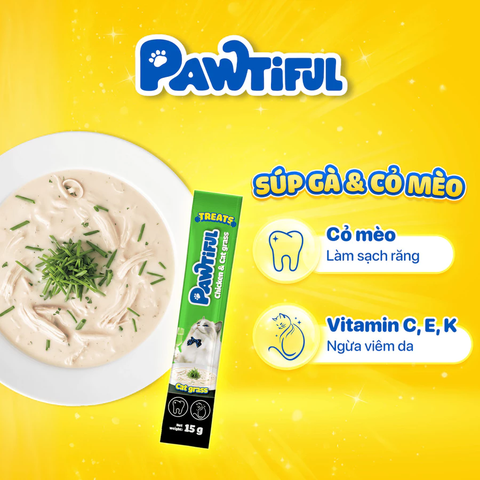 Súp thưởng Pawtiful cho mèo vị Gà & Cỏ mèo