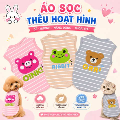 Áo sọc thêu hoạt hình
