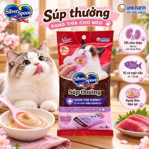 Súp thưởng dạng thìa cho mèo Silver Spoon Vị thịt gà thêm cá 40g - Good for Kidney+