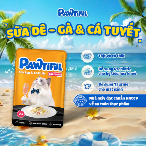 Pate cho mèo Pawtiful Dạng Sữa dê vị Gà & Cá tuyết 70G
