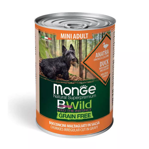 Pate cho chó giống nhỏ không ngũ cốc Monge Bwild Grain Free vị Thịt vịt, Bí đỏ và Bí xanh - Lon 400g