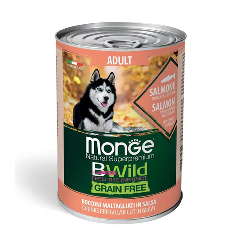 Pate cho chó không ngũ cốc Monge Bwild Grain Free vị Cá hồi, Bí đỏ và Bí xanh - Lon 400g