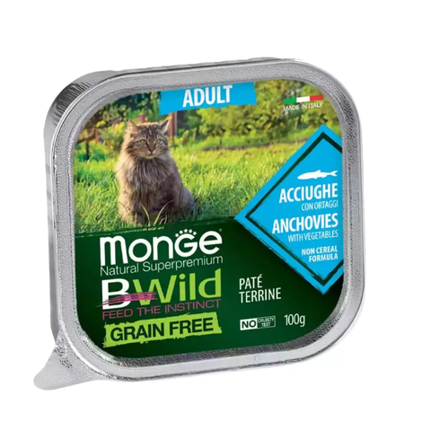Pate cho mèo trưởng thành Monge Bwild Grain Free Terrine vị Cá cơm và Rau củ - Hộp 100g